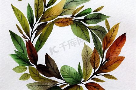 水彩绿色水彩叶子摄影照片_用于装饰的绿色和棕色叶子花圈水彩