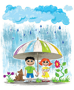 伞下的男孩摄影照片_雨天孩子们带着狗和猫躲在伞下