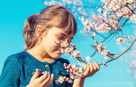 一个孩子在开花树木的花园里。