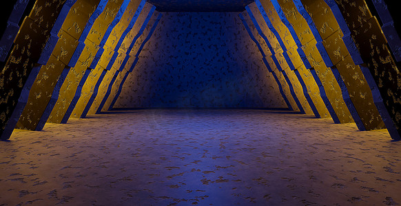 空的未来派地下室机库走廊仓库俱乐部舞蹈工作室陈列室聚光灯铜棕色或黄色背景基座概念平面设计 3D 插图