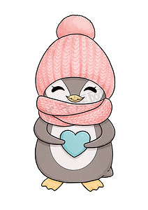戴着粉色帽子和围巾的可爱小企鹅