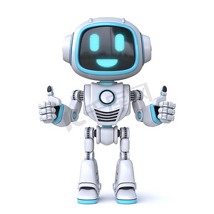 可爱的机器人摄影照片_可爱的蓝色机器人竖起大拇指 3D