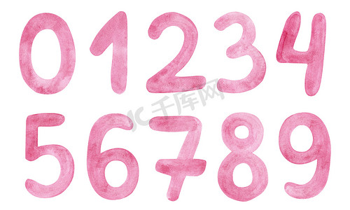 粉色背景水彩摄影照片_水彩粉红色手写数字设置隔离在白色背景