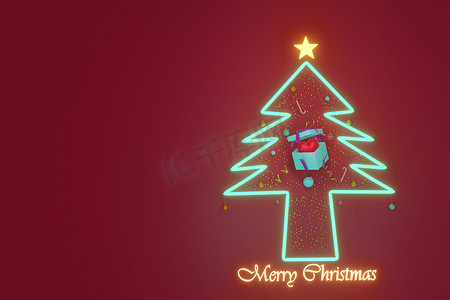 圣诞快乐，新年快乐，松树发光，红心礼物用于文本、横幅、WEB 和背景 .3D 插图。