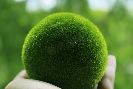 他手里拿着一个绿色的草球，特写是绿色背景。