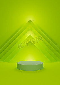 绿色产品展示摄影照片_明亮、石灰、霓虹绿 3D 插图简单、最小的产品展示，带有一个圆柱体支架，带有抽象金字塔三角形，背景顶部有灯光