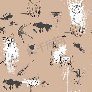 抽象艺术线条猫图案手绘印刷设计。