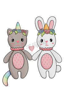 可爱装饰涂鸦摄影照片_两个可爱的小朋友——独角猫和独角兔