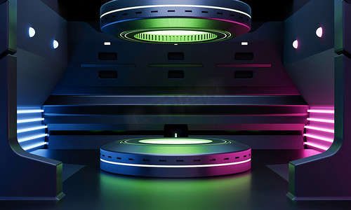 发光讲台摄影照片_Cyber​​punk 科幻产品讲台展示在太空飞船与绿色蓝色和粉红色霓虹灯背景。