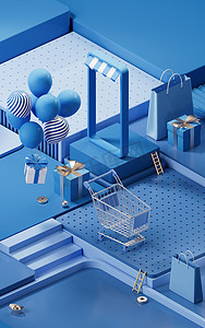 购物日活动与立方体平台背景，3D 渲染。
