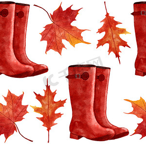 手绘树叶无缝摄影照片_水彩手绘无缝图案与惠灵顿靴子，红橙黄色秋叶，枫橡树藤叶。 
