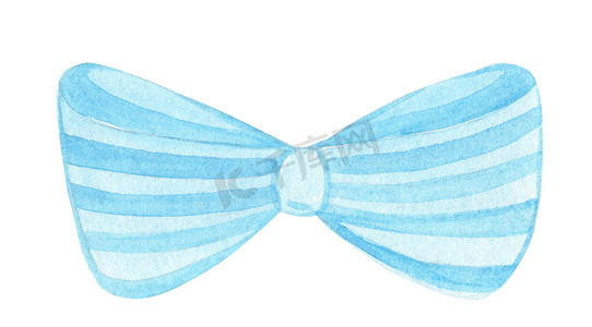水彩手绘蓝色蝴蝶结与条纹隔离在白色背景