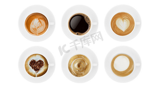 顶视图咖啡杯系列，咖啡杯分类与形状标志集合隔离在白色背景。