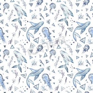 无缝水彩蓝色和灰色鲸鱼图案
