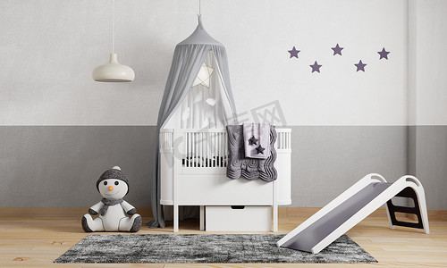 儿童卧室背景墙摄影照片_儿童房采用深紫色和黑色灰色色调的墙壁背景。
