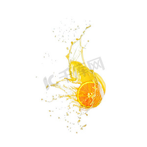 横板背景卡通摄影照片_切片橙色水果飞溅在橙汁白色背景周围。