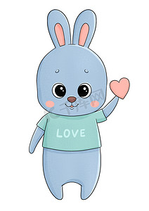 可爱手绘小兔子摄影照片_可爱的小兔子，穿着 T 恤，心形