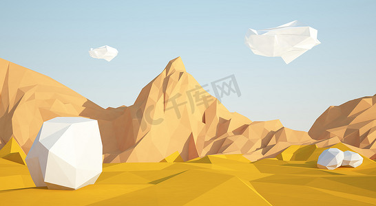 抽象的低聚背景与沙漠和白色的石头在空中飞行。