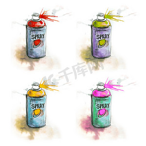 彩色喷雾罐气溶胶涂鸦街头水彩插图