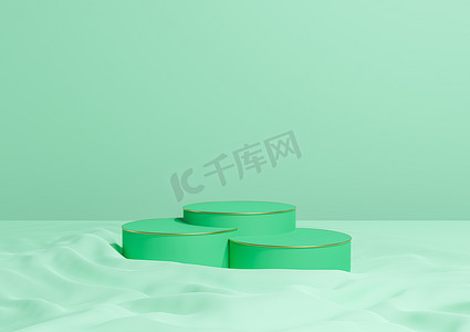 金色波浪线条摄影照片_明亮的绿松石绿色 3D 渲染最小产品展示三个豪华圆柱讲台或支架，在波浪纺织产品摄影背景抽象组合物上与金色线条化妆品