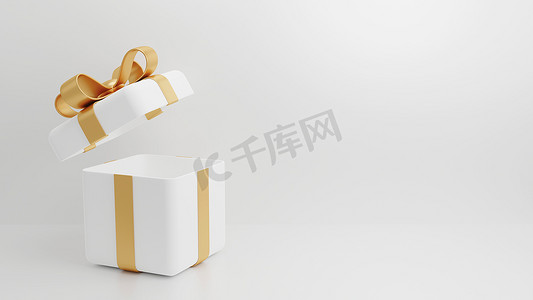 空礼盒摄影照片_打开有金丝带3D渲染的豪华白色礼盒
