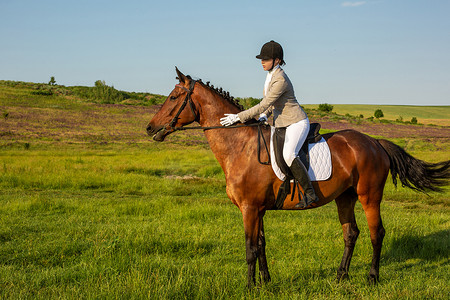 年轻女子在绿色的田野上骑马