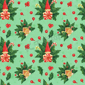 圣诞冬青绿色图案，配有侏儒、姜饼屋和拐杖糖
