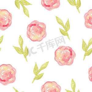 水彩手绘粉红色花朵，白色背景上有叶子无缝图案。可用作邀请模板、剪贴簿、壁纸、布局、织物、纺织品、包装纸