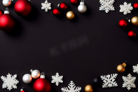 3D 渲染黑色圣诞背景与金色装饰、礼品盒、球、五彩纸屑。
