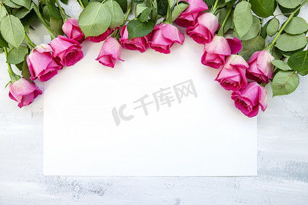 玫瑰花组合摄影照片_白桌上粉色玫瑰花制成的圆形平铺组合物
