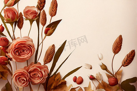 秋小麦，工艺米色背景的玫瑰花组合物，