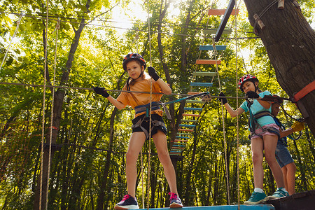 集中的孩子们正在高空绳索公园攀爬
