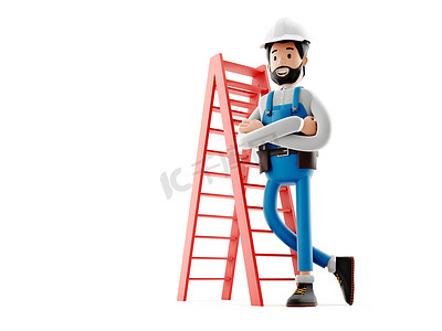 卡通建筑人物、有趣的工人或带梯子的工程师，3D 渲染