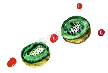 孤立的白色背景上猕猴桃片和红色浆果的水彩插图，带有剪裁、可爱的夏季手绘