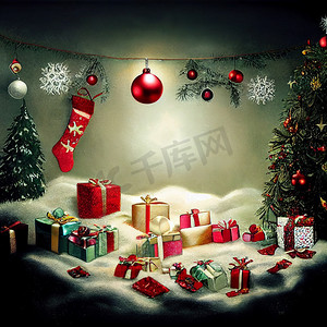 雪毯和圣诞树上有许多新年礼物