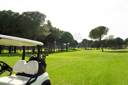 在一个美丽的高尔夫球场上，高尔夫球车后面的高尔夫球袋里放着一组高尔夫球杆
