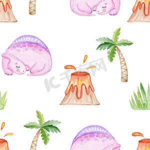 水彩粉色小恐龙睡觉和火山无缝图案白色背景。