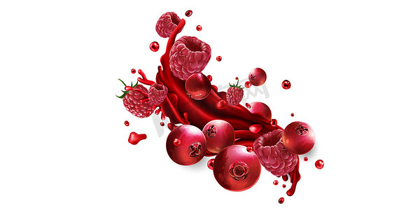 飞溅的果汁与新鲜的蔓越莓和覆盆子。