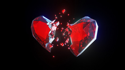 破碎心摄影照片_深色背景 3d 渲染中破碎的红宝石水晶心