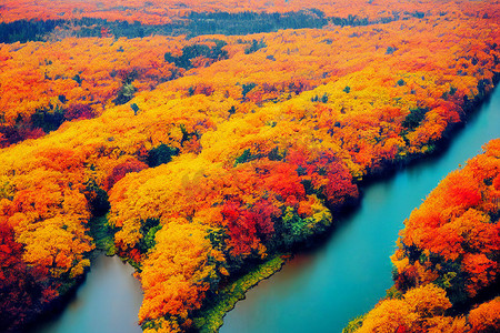 3D 插图，选择性聚焦，模糊，多彩的秋季森林景观高清壁纸。