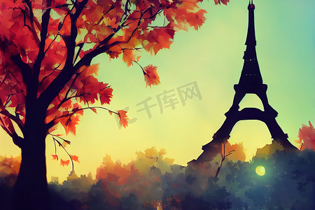 卡通风格埃菲尔铁塔反对秋天的树和日出
