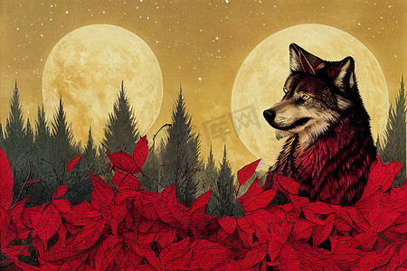狼头轮廓摄影照片_狼，作为塔罗牌，颜色为红色和金色
