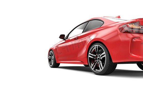 白色背景中孤立的红色豪华轿车背面：3D 渲染