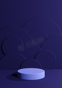 深蓝色 3D 渲染简单、最小、空白的产品摄影展示，带有一个圆柱形讲台架，背景为圆形气泡，用于化妆品