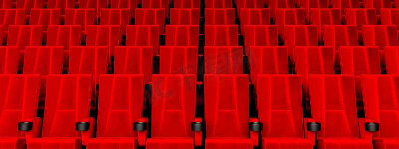 一排排红色天鹅绒座椅在电影院看电影，带有复制空间横幅背景。