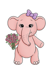小象手绘摄影照片_可爱的粉红色小象，开着粉红色的花
