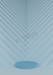 淡彩摄影照片_浅色、柔和、淡蓝色 3D 渲染简单、简约、产品展示，带有一个圆柱体支架和背景中指向产品的三角形楼梯状图案