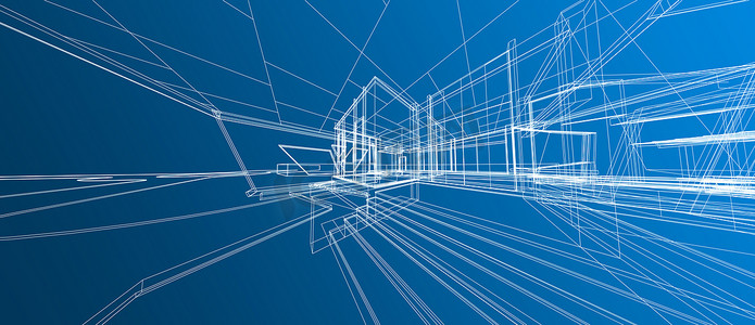 建筑房屋空间设计概念 3D 透视线框渲染蓝色背景计算机智能技术