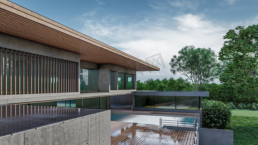 带游泳池的现代房屋的 3D 渲染插图