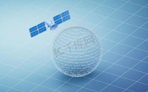 透明数据球与卫星，3D 渲染。